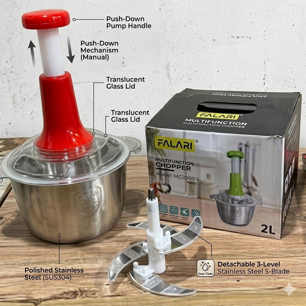 2L Manual Vegetable Chopper & Meat Mincer | Hand-Press Food Processor for Vegetables, Fruits, Garlic, Onions & Herbs